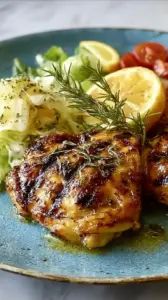 Crispy grilled lemon garlic chicken thighs garnished with fresh rosemary and lemon slices on a platter
