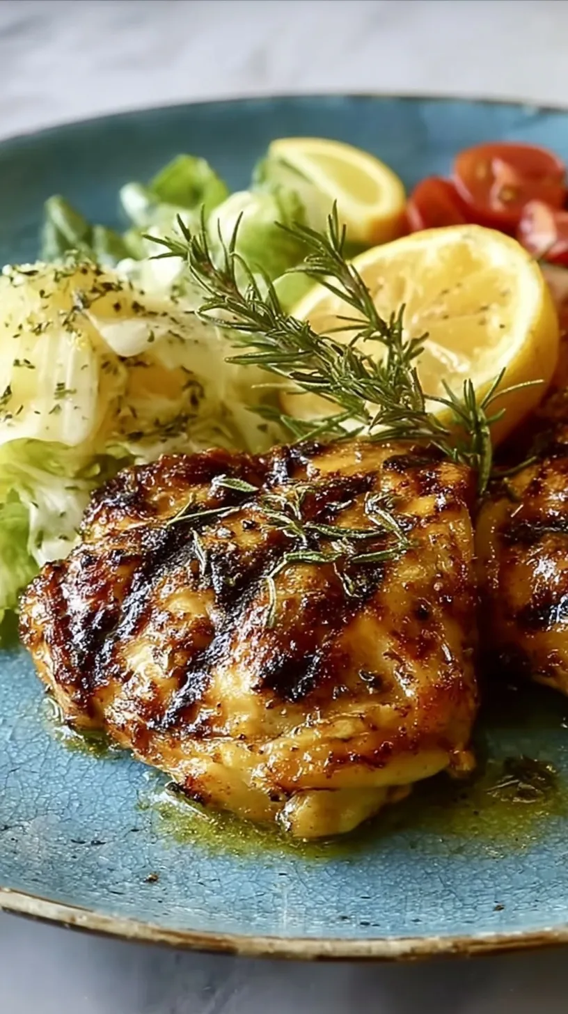 Crispy grilled lemon garlic chicken thighs garnished with fresh rosemary and lemon slices on a platter