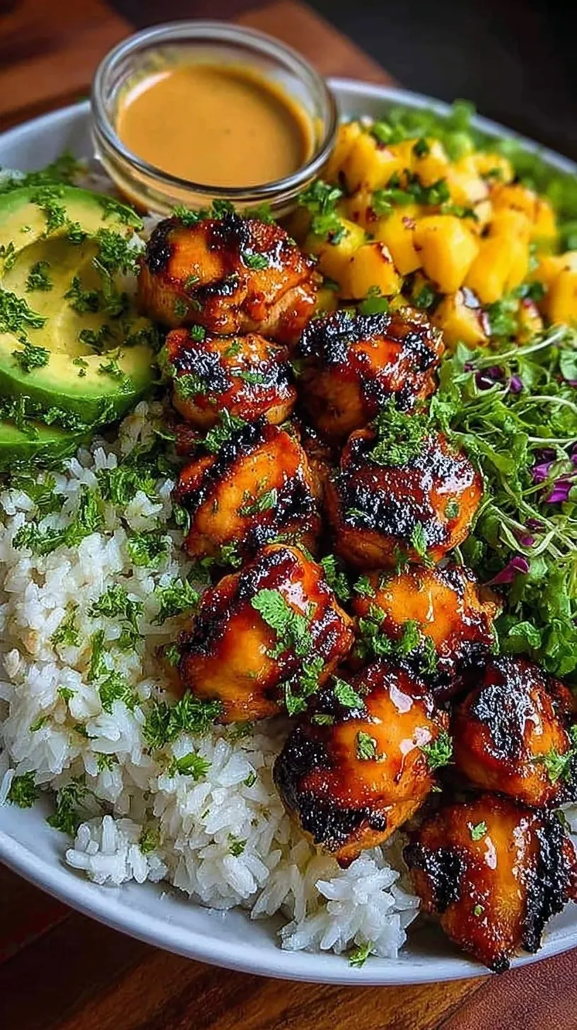 Grilled maple sriracha chicken bites served in a bowl over white coconut rice with green onions.