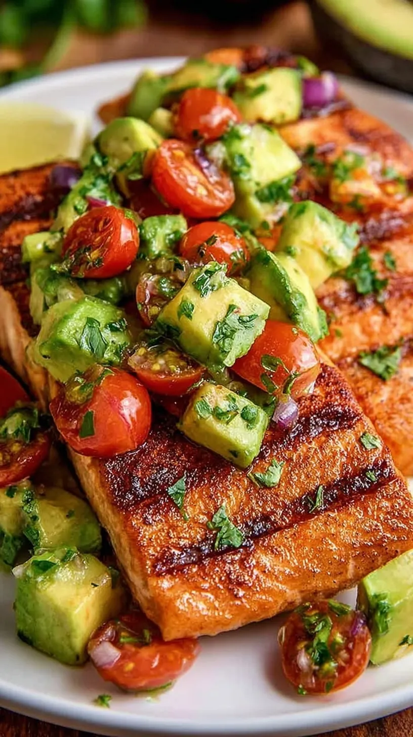 A piece of perfectly grilled salmon topped with chunky avocado salsa and fresh lime.