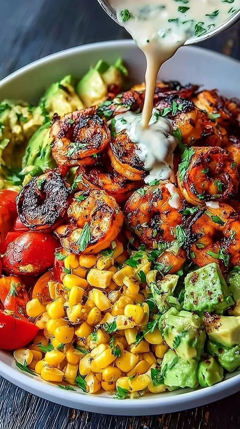 A colorful grilled shrimp bowl with jasmine rice, charred corn avocado salsa, and a drizzle of white garlic sauce.