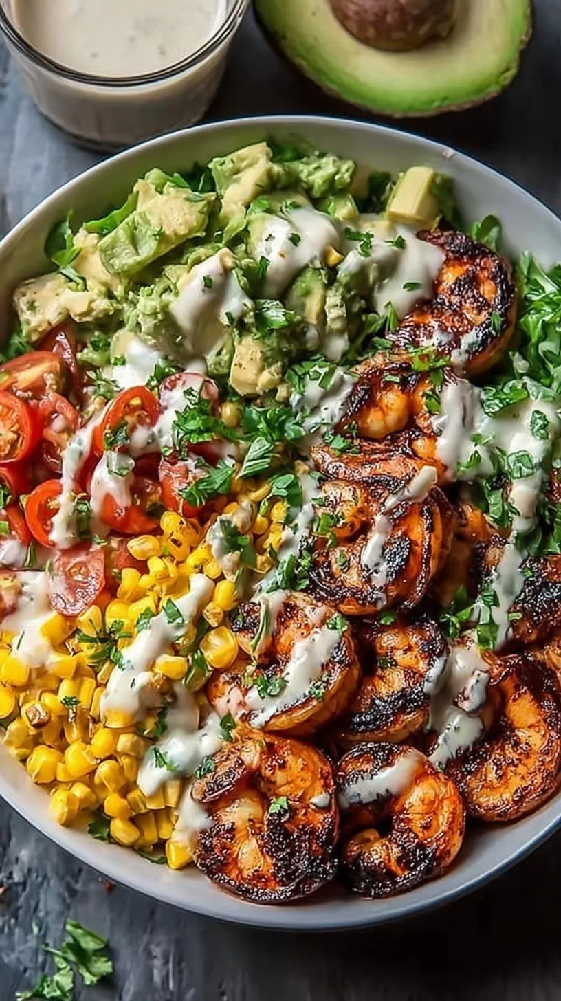A vibrant grilled shrimp bowl with charred corn, diced avocado, and creamy garlic sauce over quinoa.