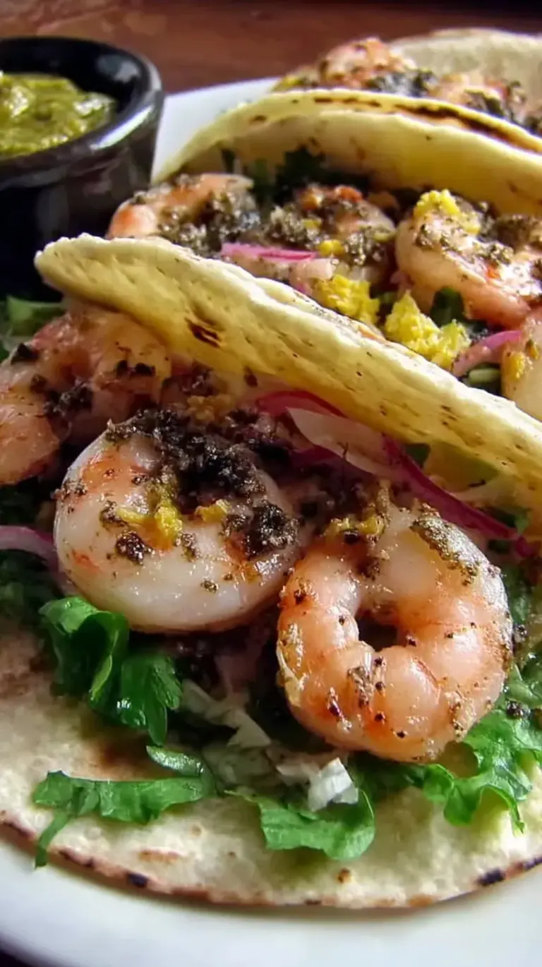 Platter of grilled shrimp tacos with cabbage slaw, lime crema, and fresh cilantro