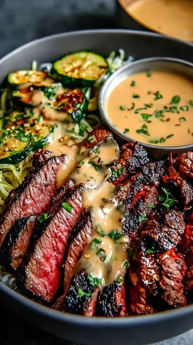 A colorful grilled steak bowl with black beans, corn, and creamy green sauce