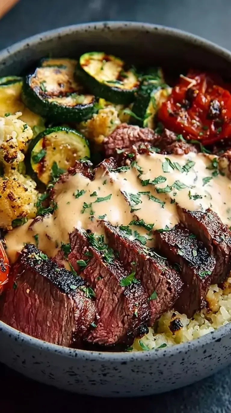 A vibrant Grilled Steak Bowl with sliced flank steak, charred zucchini rounds, jasmine rice, and a drizzle of white garlic sauce.