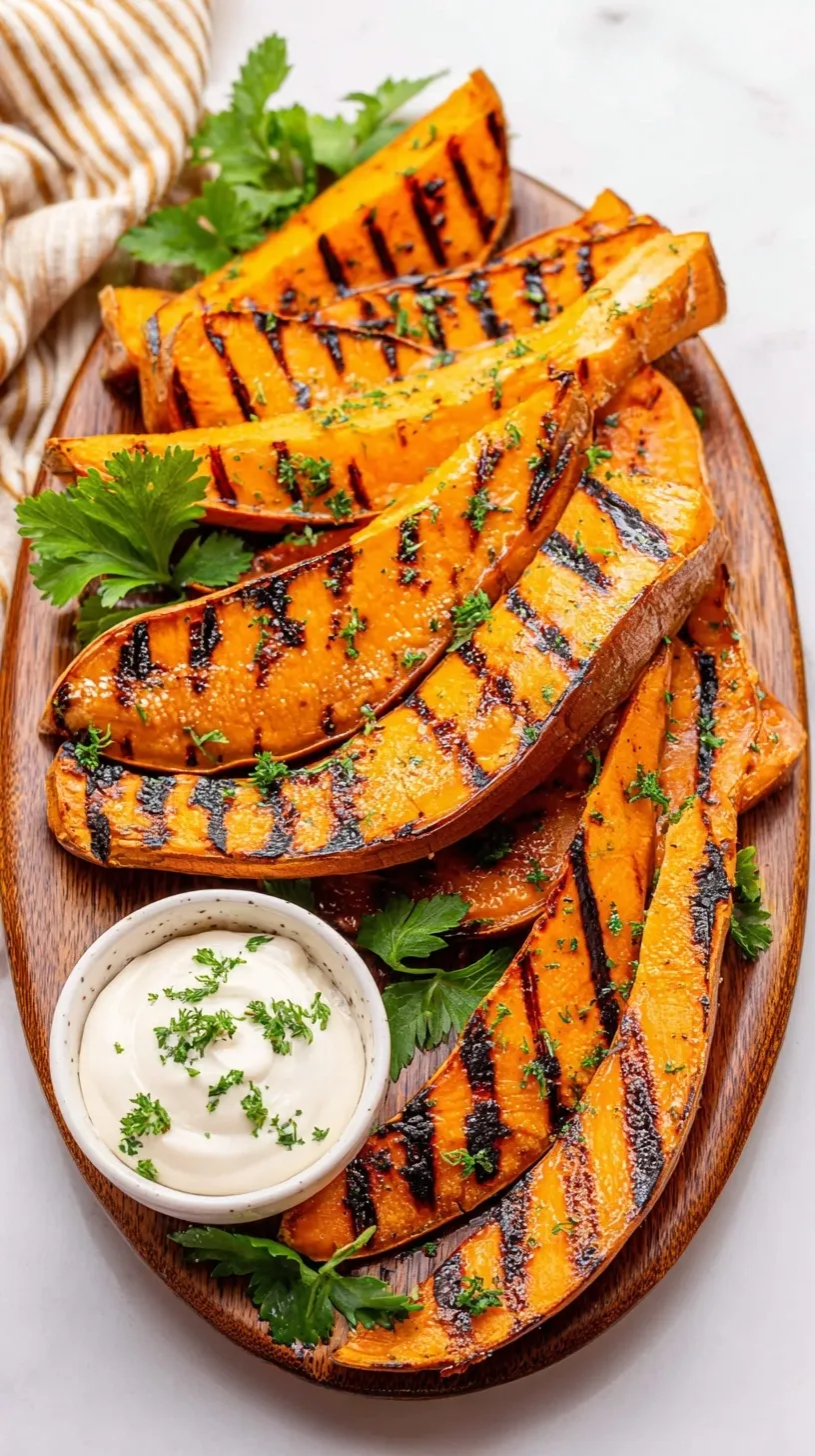 Sliced rounds of grilled sweet potatoes with charred marks and smoked paprika seasoning on a platter.