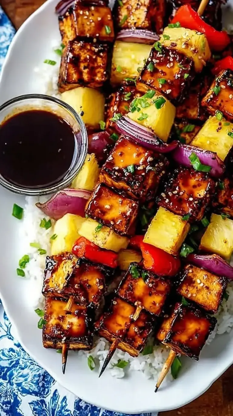 Grilled tofu skewers with pineapple and peppers on a white plate