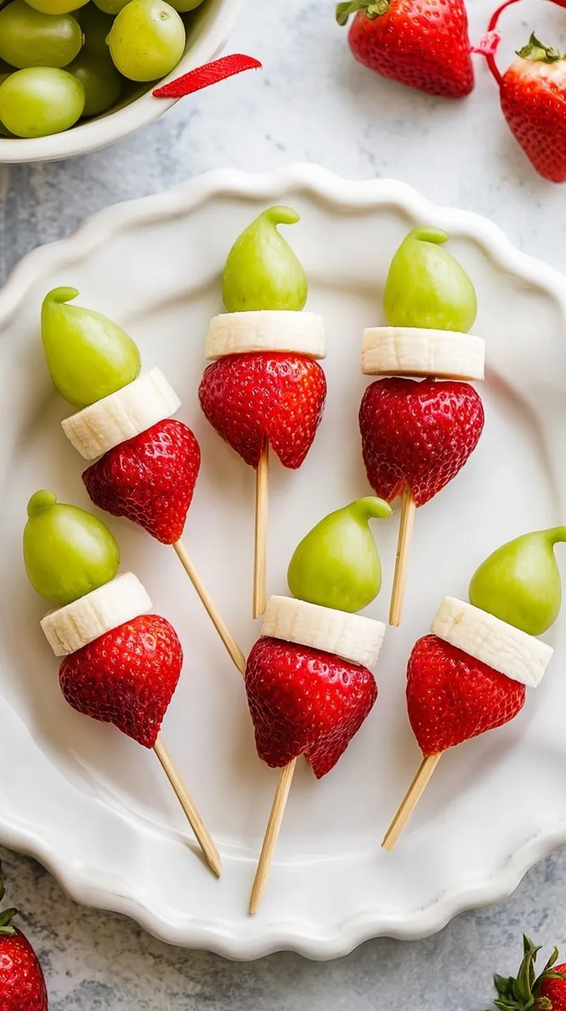 Festive fruit kabobs made of green grapes, banana slices, and strawberries to look like the Grinch