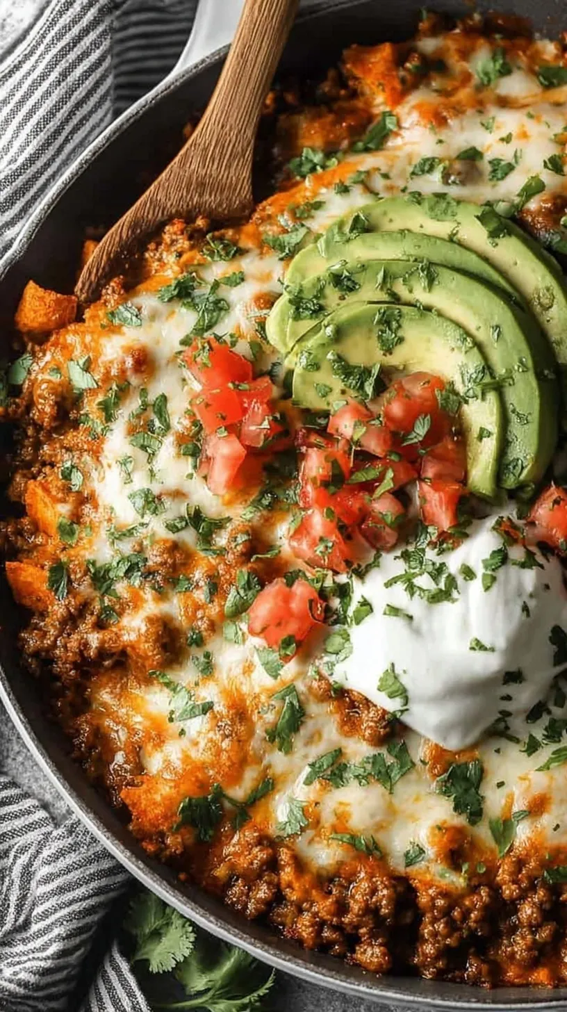 A bubbling beef enchilada skillet topped with melted cheese and fresh cilantro in a cast iron pan.