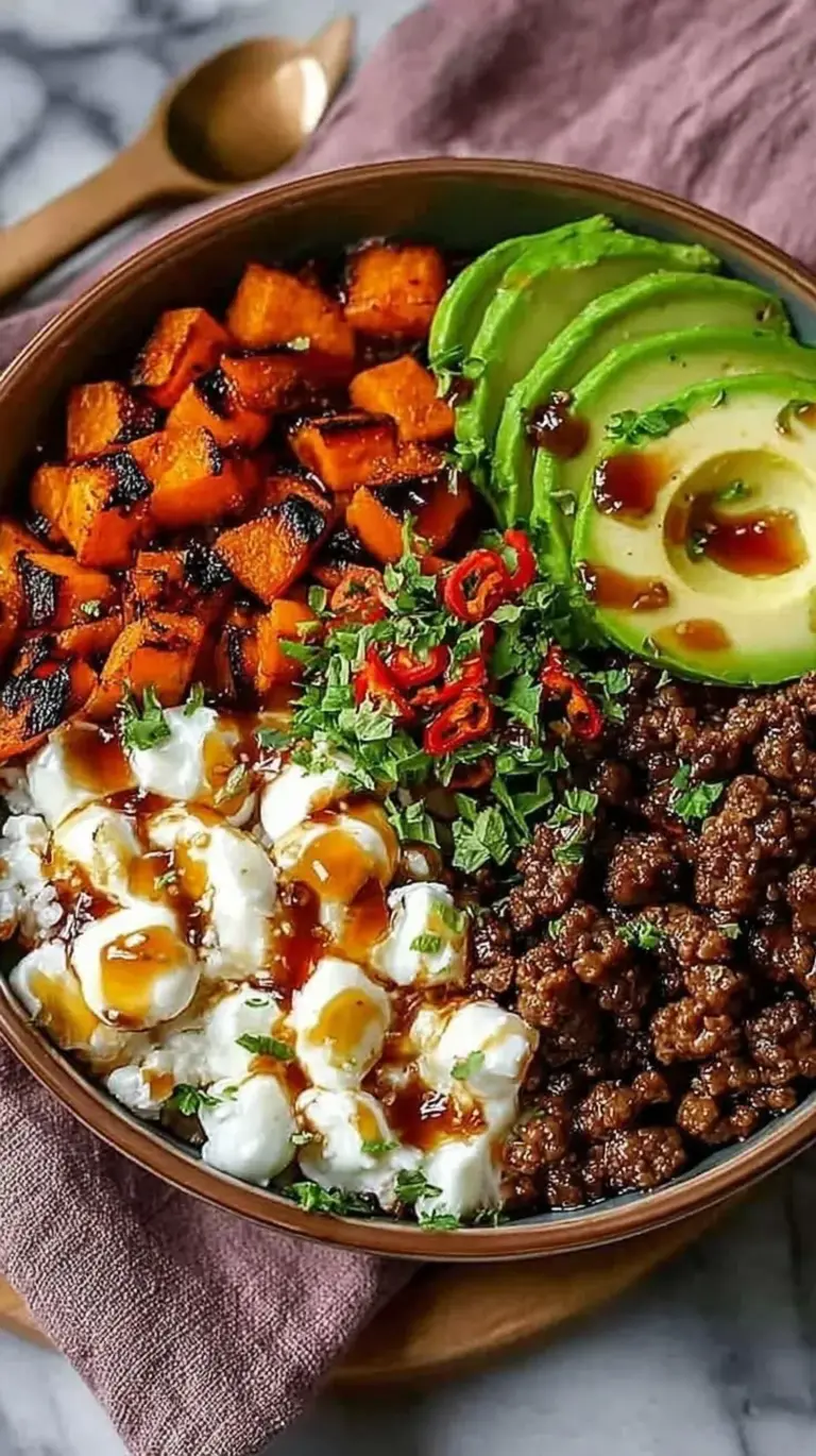 A vibrant bowl featuring glazed ground beef, steamed broccoli, and fluffy jasmine rice topped with green onions and sesame seeds.