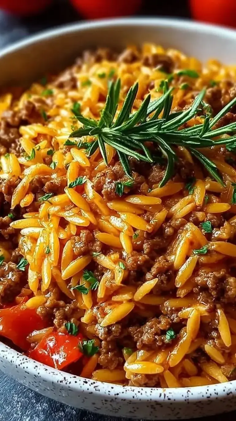 A savory ground beef orzo skillet topped with melted parmesan and fresh spinach in a black pan.