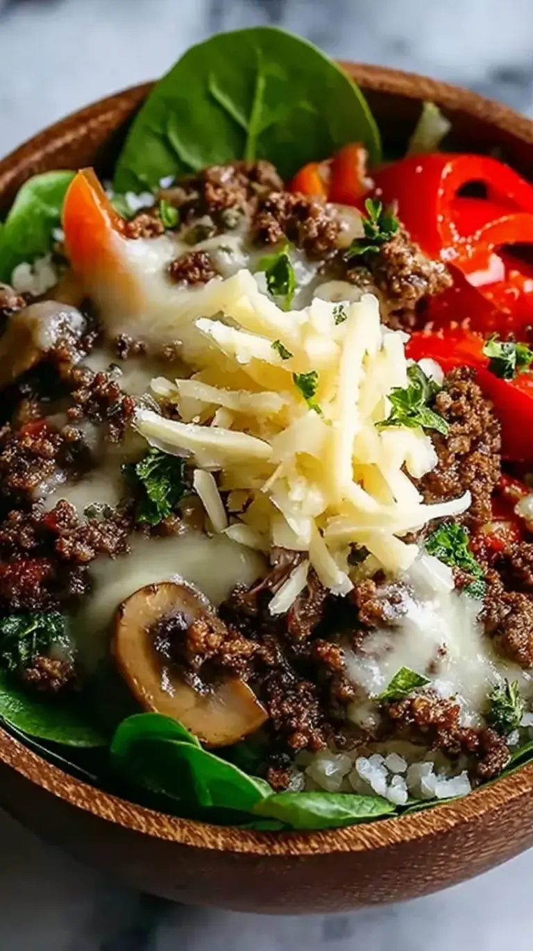 A skillet filled with seasoned ground beef, sautéed green peppers, onions, and melted provolone cheese.