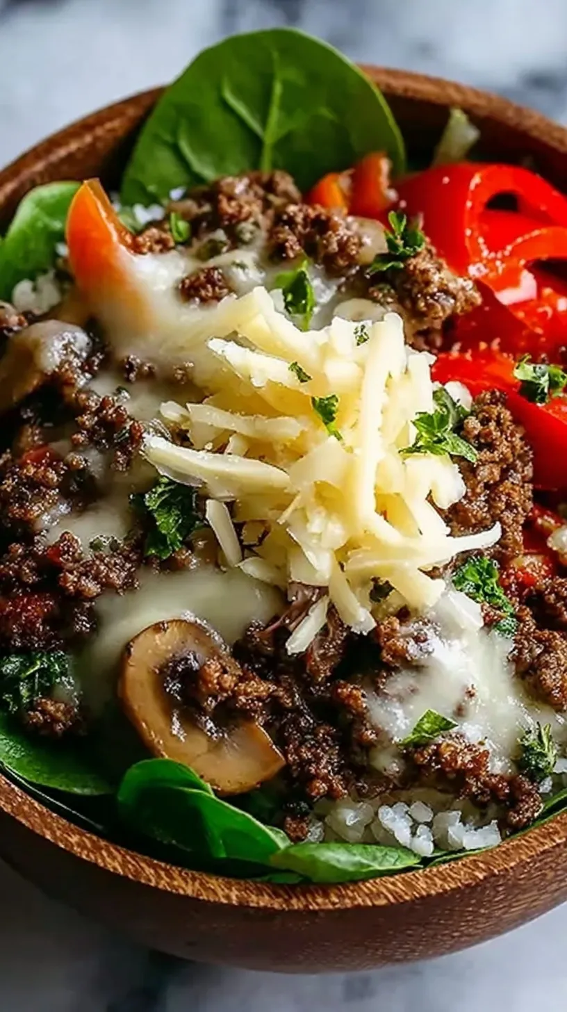 A skillet filled with seasoned ground beef, sautéed green peppers, onions, and melted provolone cheese.
