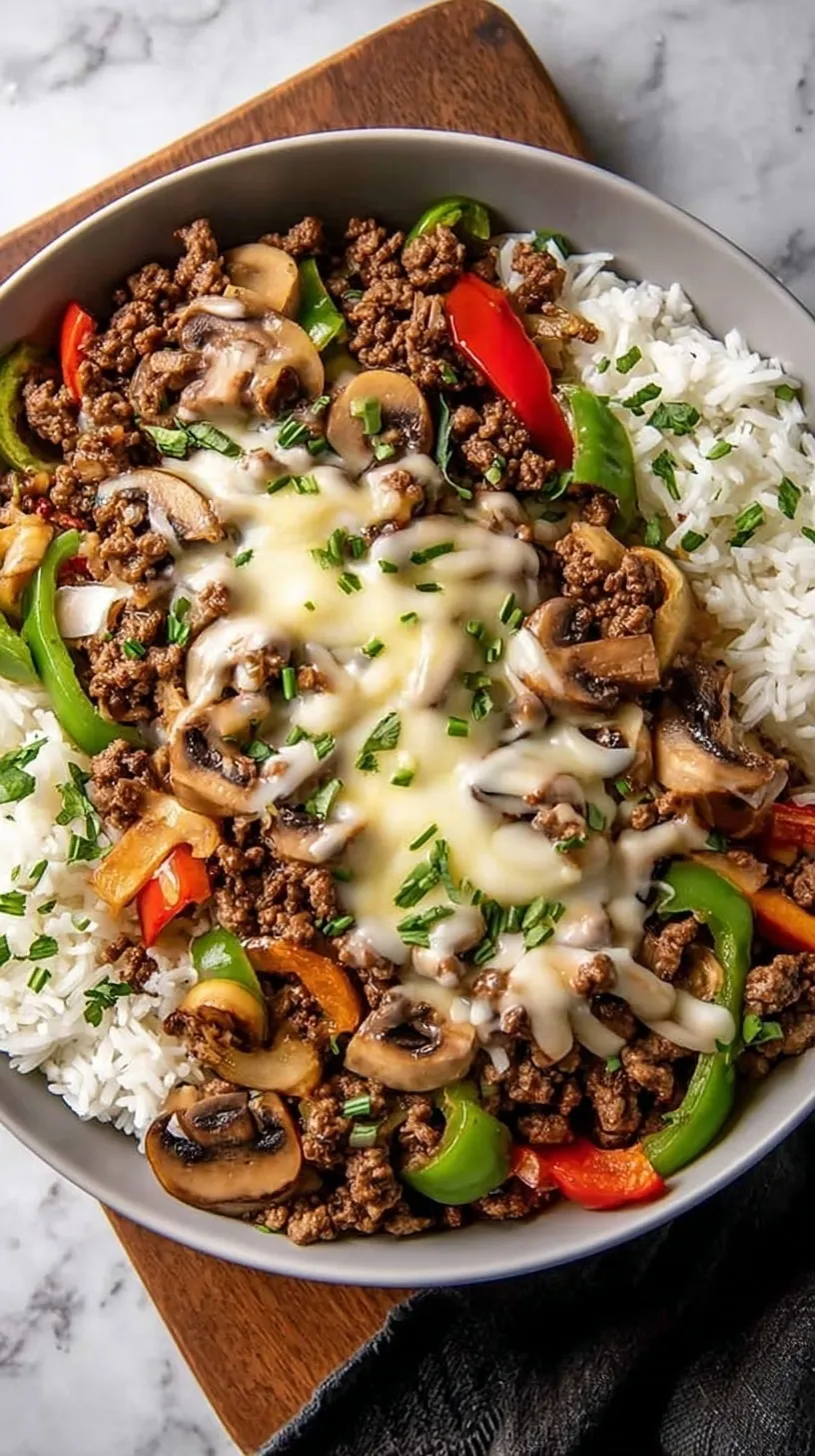Deconstructed ground beef Philly cheesesteak with melted provolone and sautéed peppers in meal prep containers.