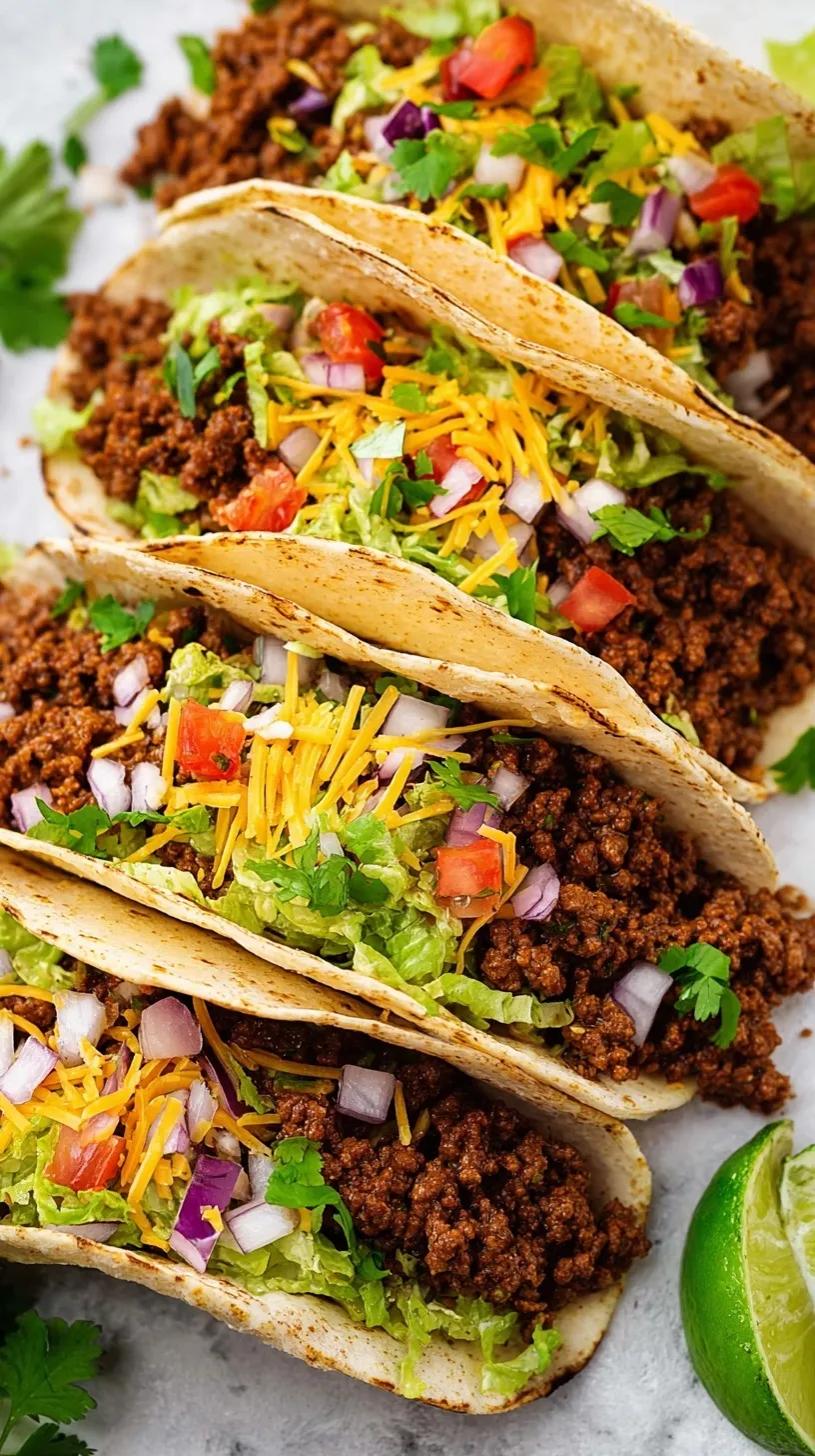 A plate of fresh ground beef tacos with shredded lettuce, cheese, and tomatoes in hard shells.
