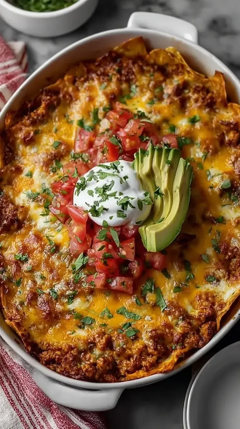 A golden ground chicken taco casserole in a glass baking dish with melted cheese and crushed chips.