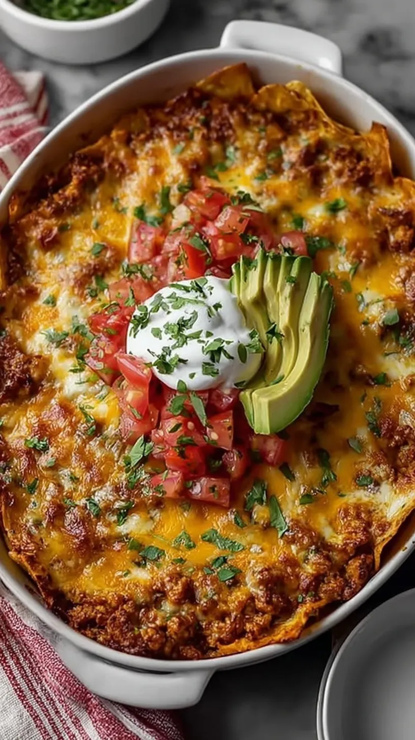 A golden ground chicken taco casserole in a glass baking dish with melted cheese and crushed chips.