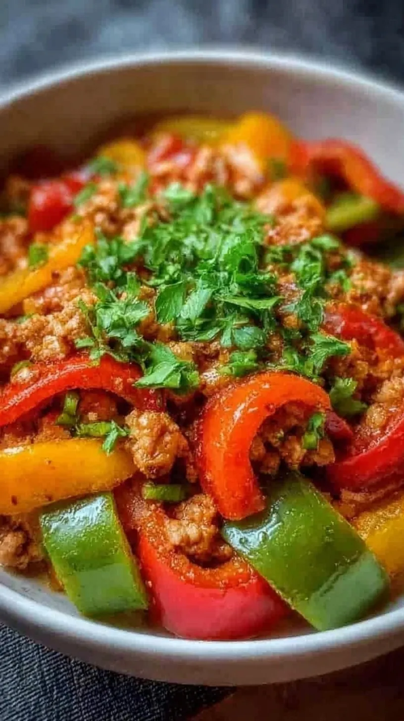A black skillet filled with browned ground turkey and vibrant red, yellow, and green bell pepper strips.