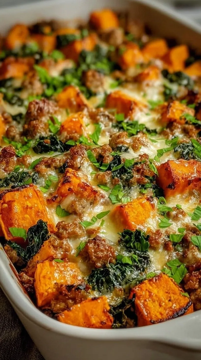 A golden ground turkey sweet potato bake in a white dish topped with melted cheese and fresh parsley.
