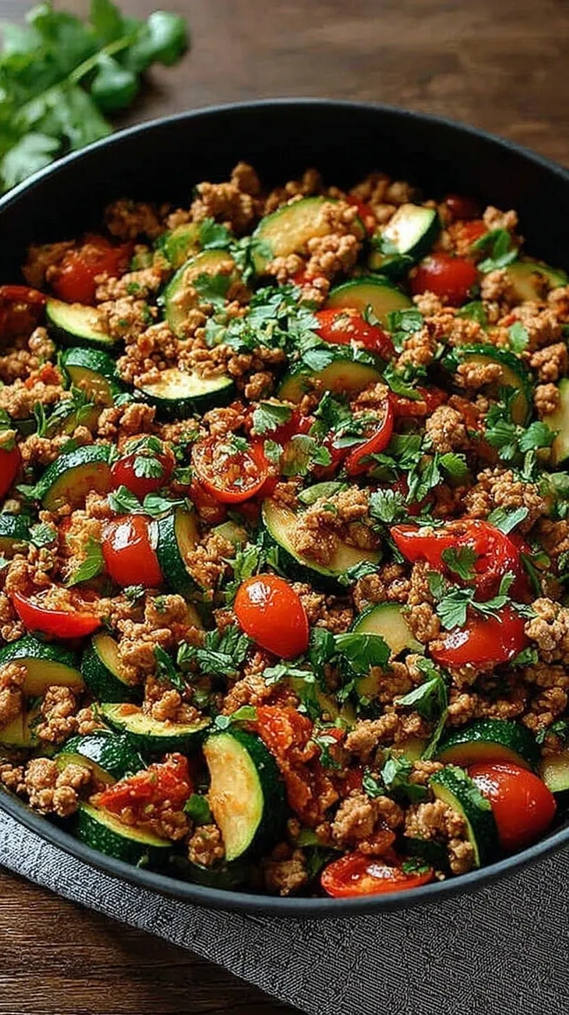 A steaming skillet of browned ground turkey and tender zucchini half-moons topped with melted mozzarella cheese.