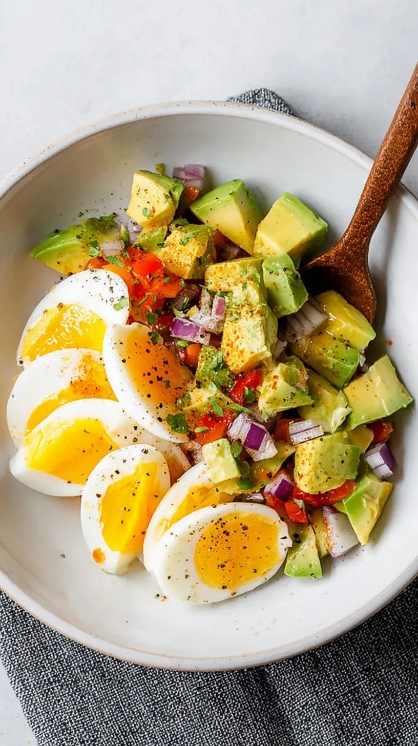 A vibrant glass bowl filled with quartered hard-boiled eggs, chunks of creamy avocado, diced red peppers, and onions with a light vinaigrette.