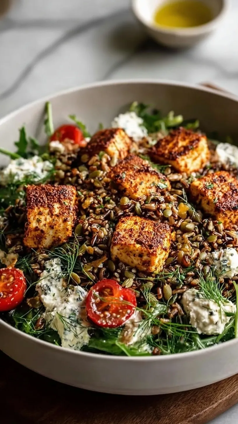 A vibrant bowl of harissa-roasted chicken, nutty wild rice, fresh cucumbers, and cherry tomatoes drizzled with tahini dressing.