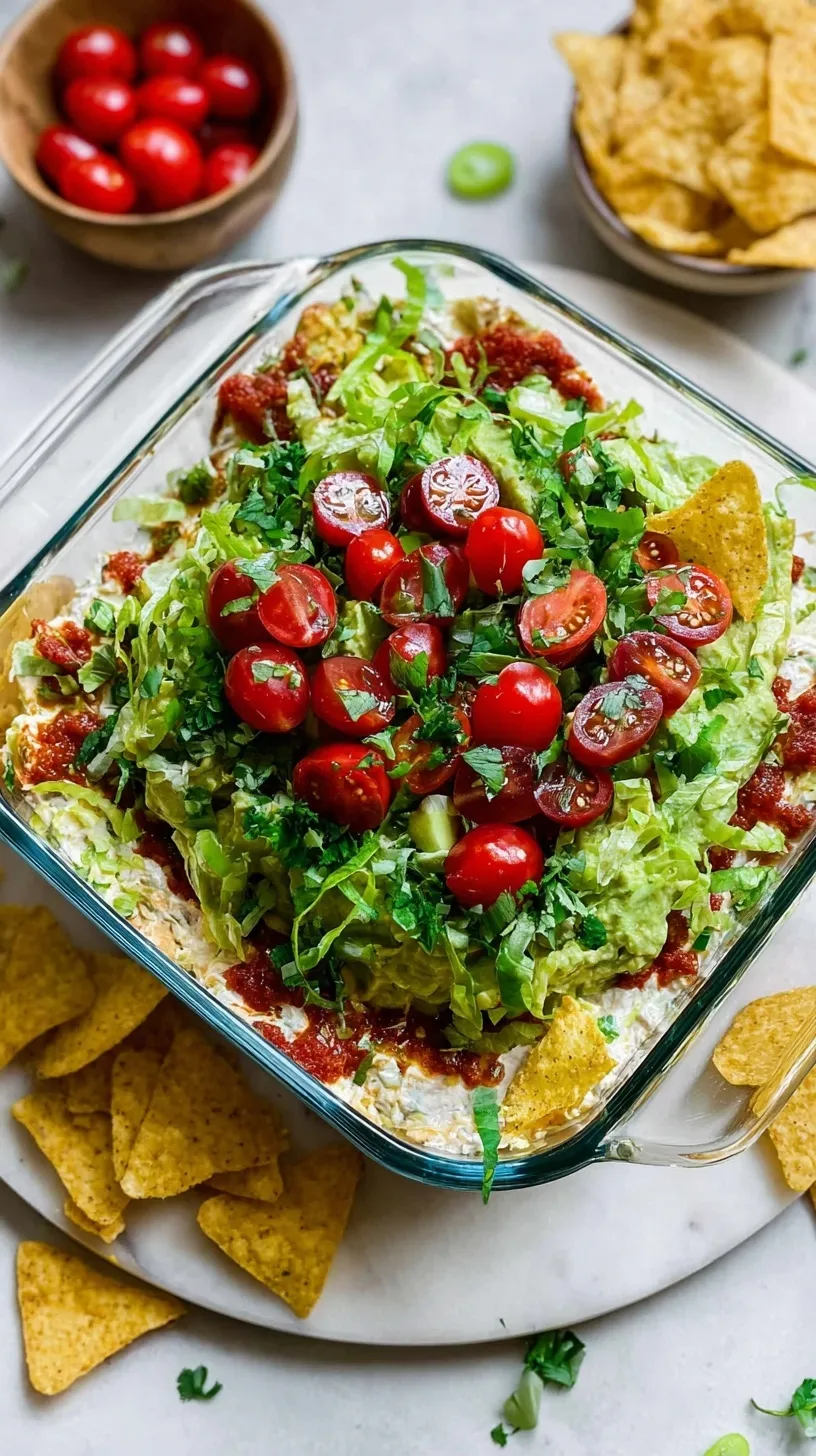 A glass dish showing colorful layers of refried beans, avocado, Greek yogurt, salsa, and fresh vegetable toppings.