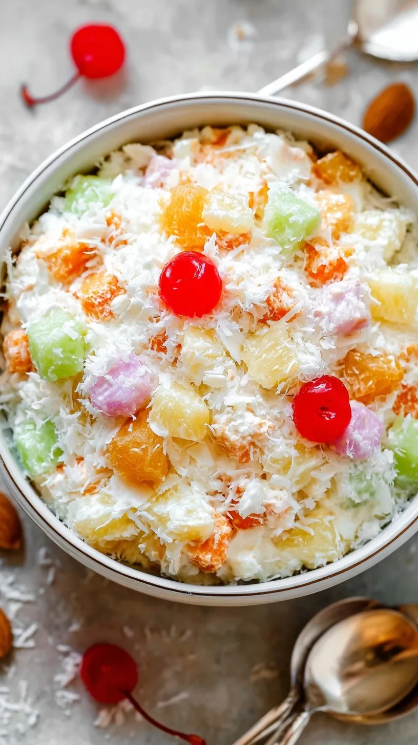 A bowl of creamy healthy ambrosia salad with oranges, pineapple, and coconut.