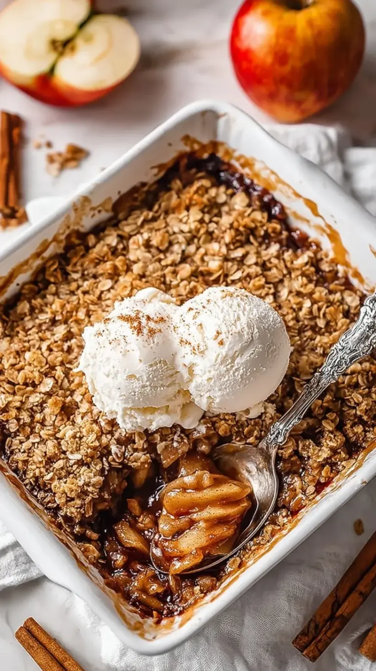 A golden brown healthy apple crisp in a square baking dish with toasted walnuts and oats on top