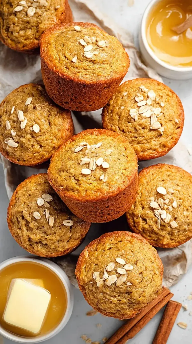 A stack of golden brown healthy applesauce muffins on a wire cooling rack with a linen napkin.