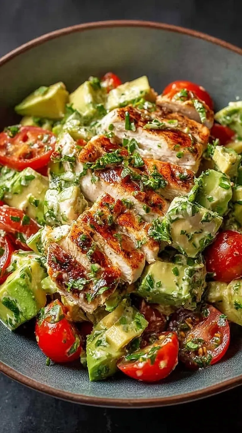 A bowl of creamy avocado chicken salad with fresh lime and cilantro