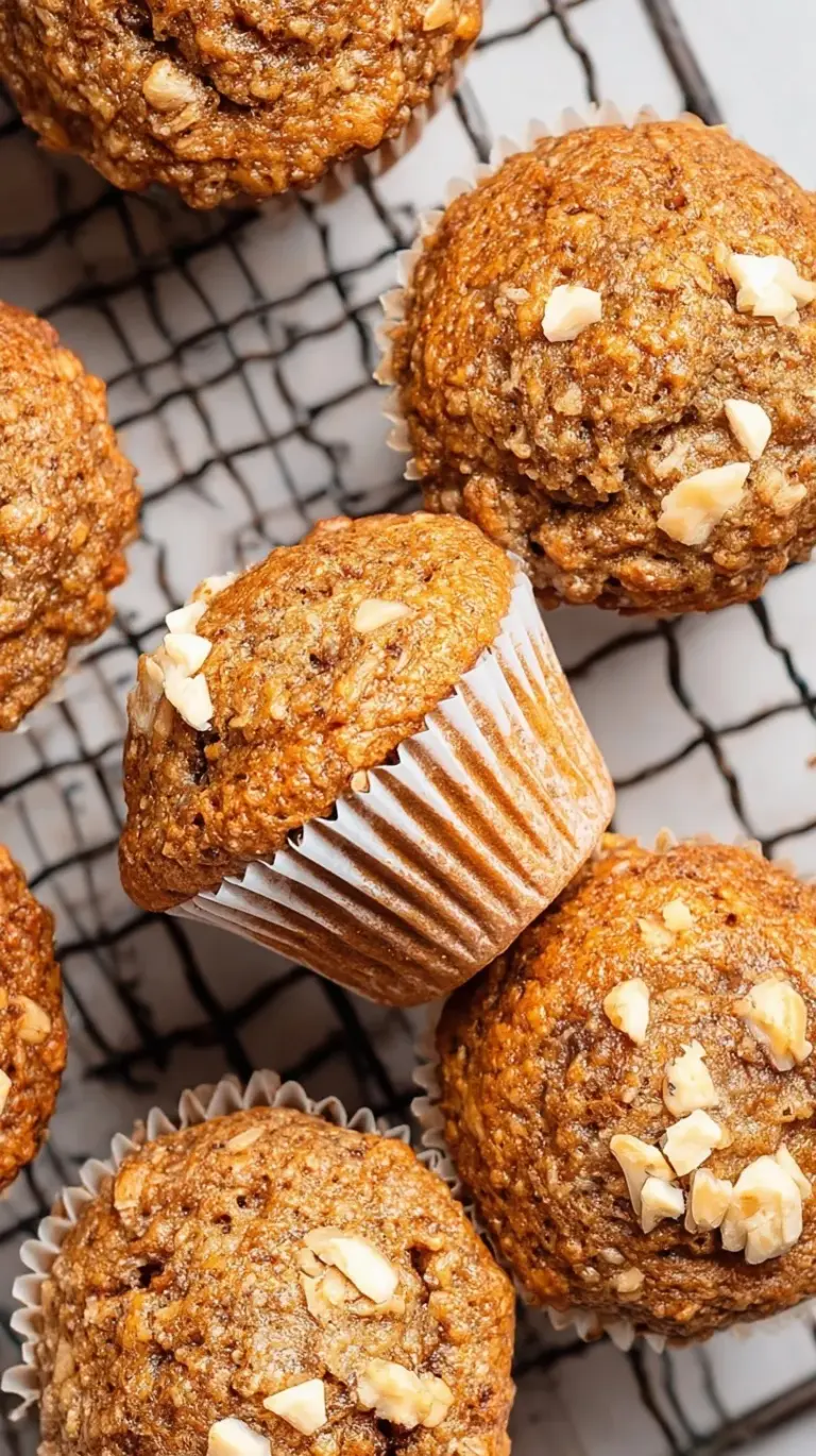 A tray of golden brown healthy banana muffins on a cooling rack.
