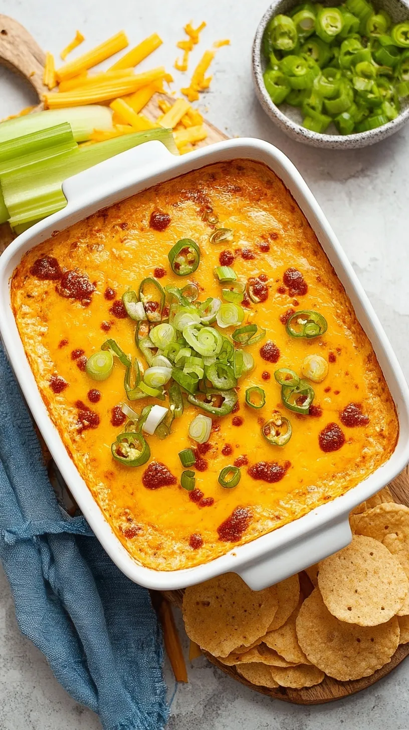 Creamy buffalo chicken dip in a white baking dish garnished with green onions