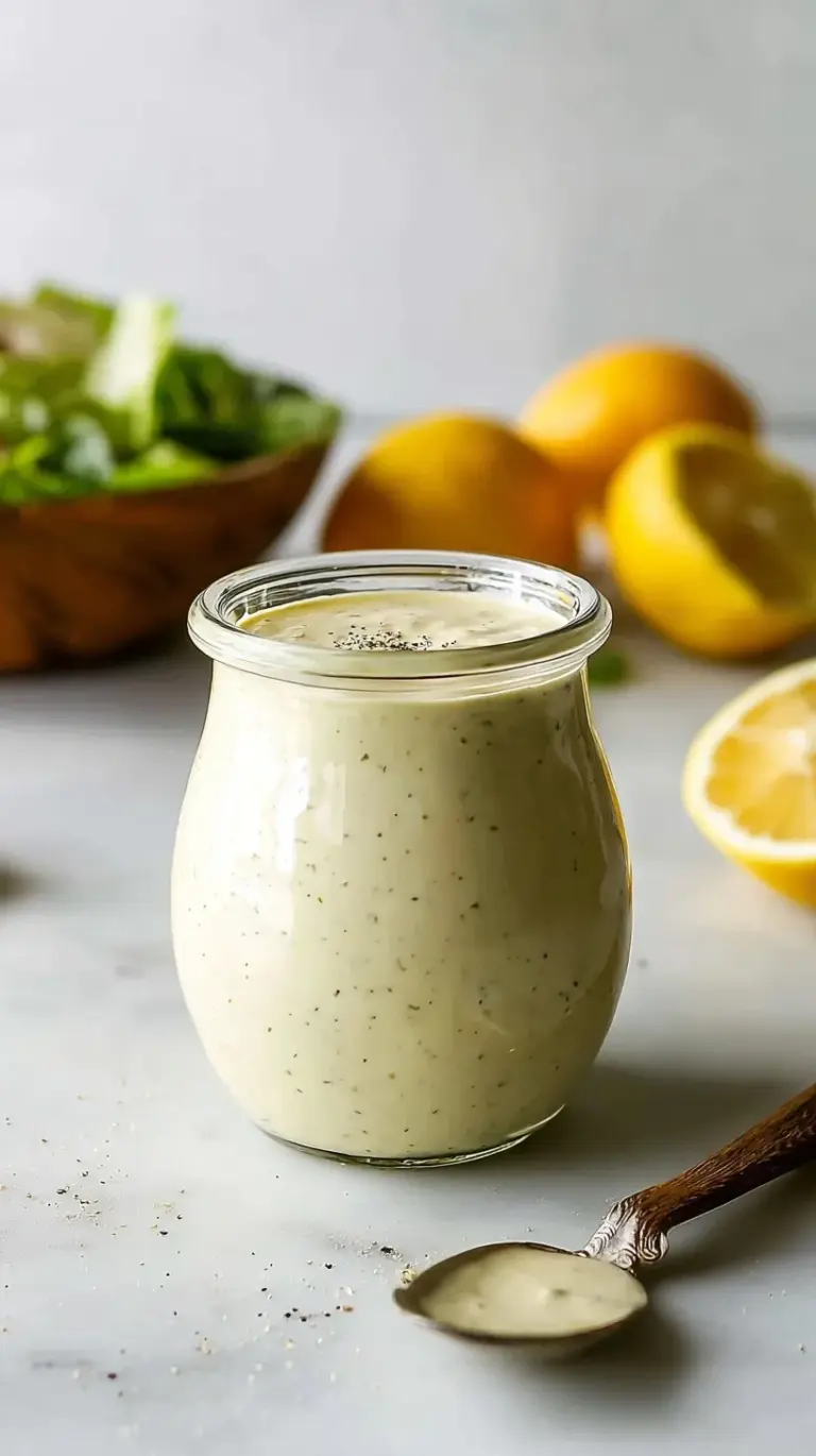 A glass jar filled with creamy Greek yogurt caesar dressing next to fresh lemon and parmesan.