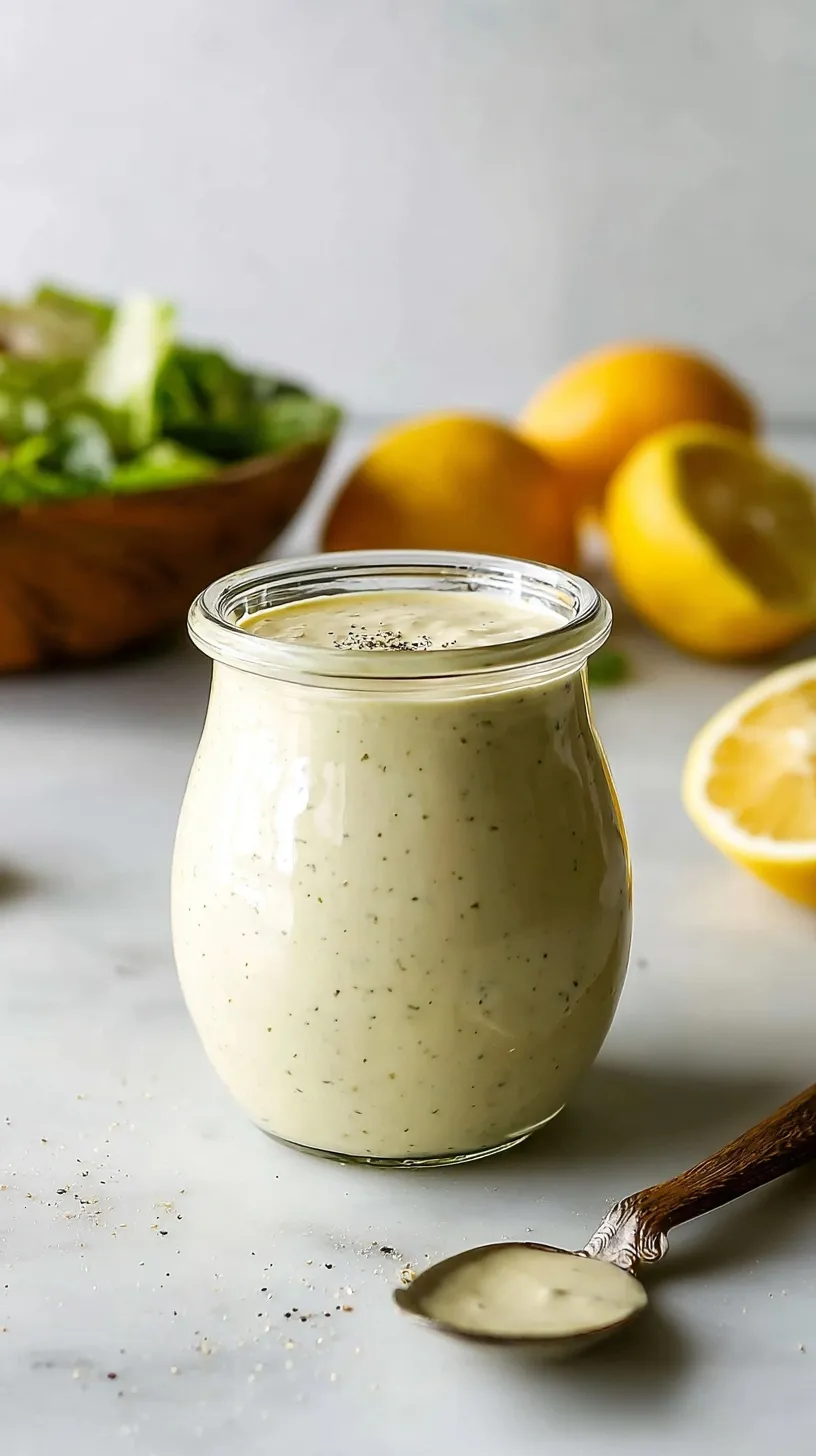 A glass jar filled with creamy Greek yogurt caesar dressing next to fresh lemon and parmesan.