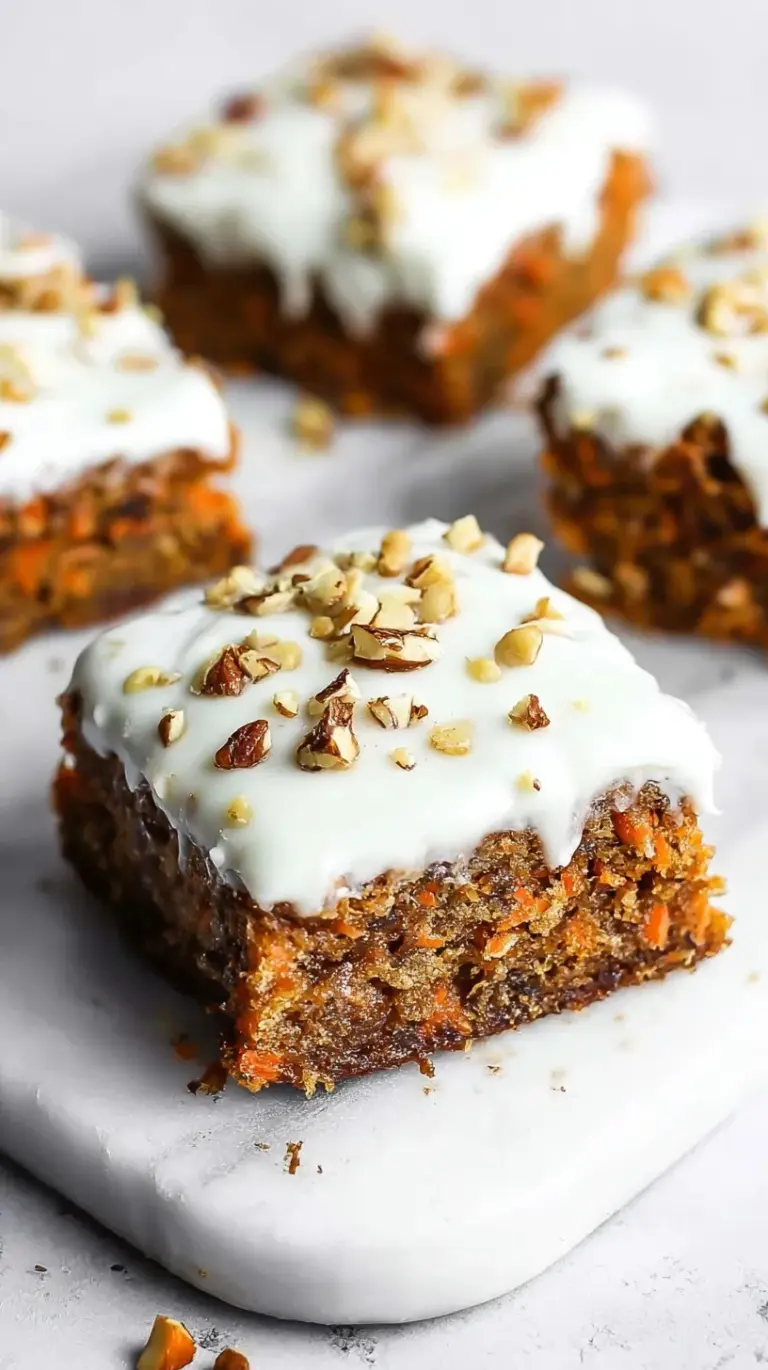A platter of sliced healthy carrot cake bars topped with chopped walnuts on a wooden board.