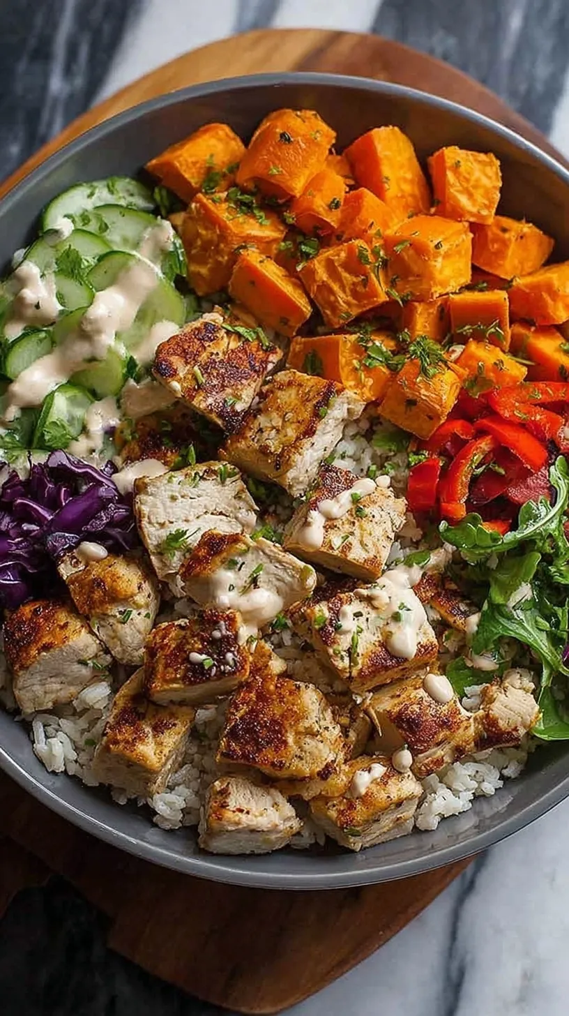 A healthy chicken rice bowl with roasted sweet potatoes, broccoli, and brown rice garnished with parsley