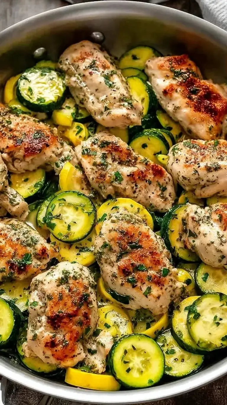 A colorful skillet filled with golden chicken cubes, green zucchini, and yellow squash garnished with fresh parsley.