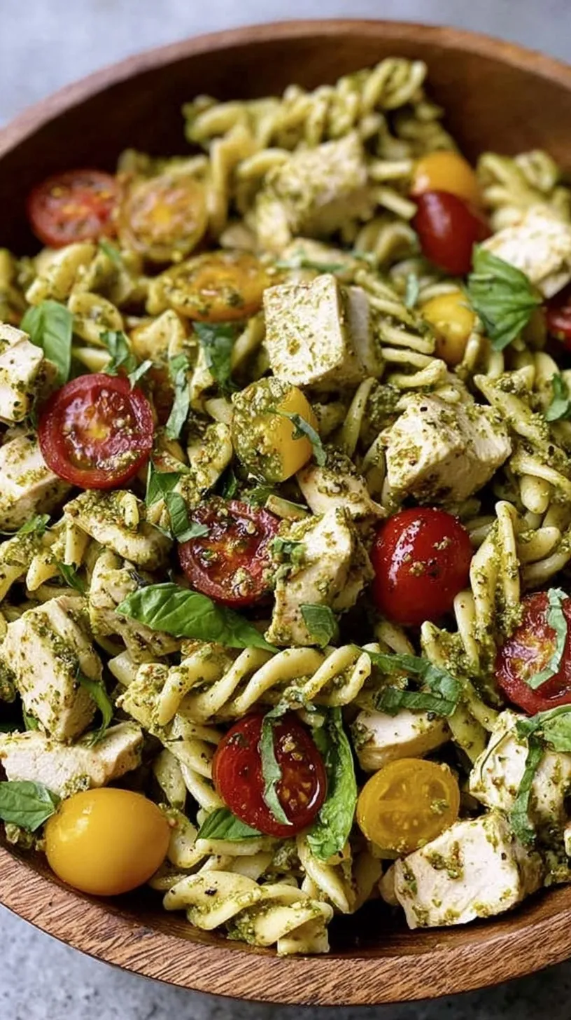 A bowl of healthy pesto pasta salad with cherry tomatoes, chicken, and fresh basil