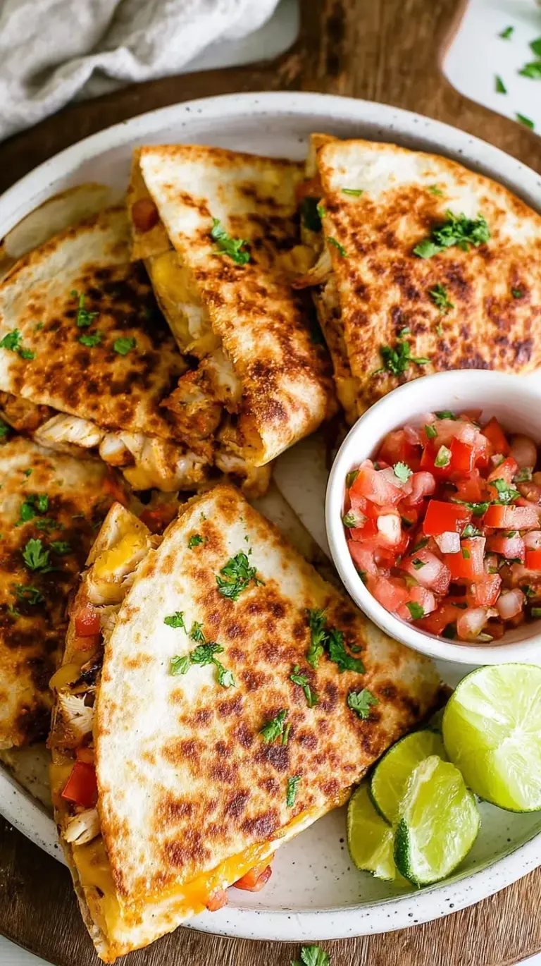 Golden brown healthy chicken quesadillas sliced into wedges on a wooden board with fresh cilantro