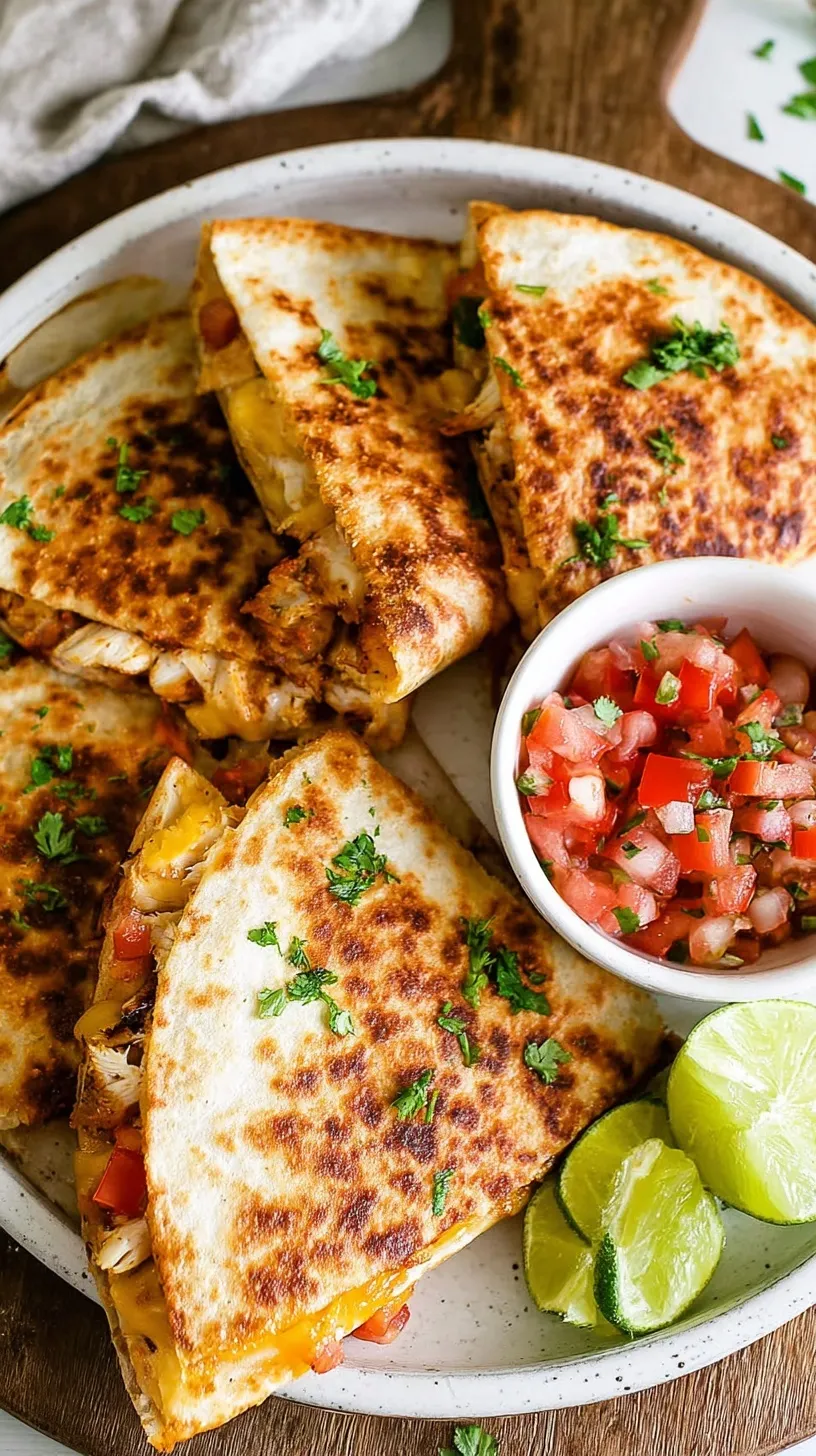 Golden brown healthy chicken quesadillas sliced into wedges on a wooden board with fresh cilantro