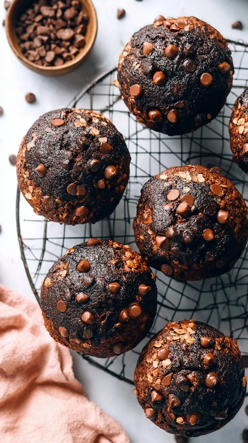 A basket of fresh healthy chocolate muffins with melty dark chocolate chips on top.