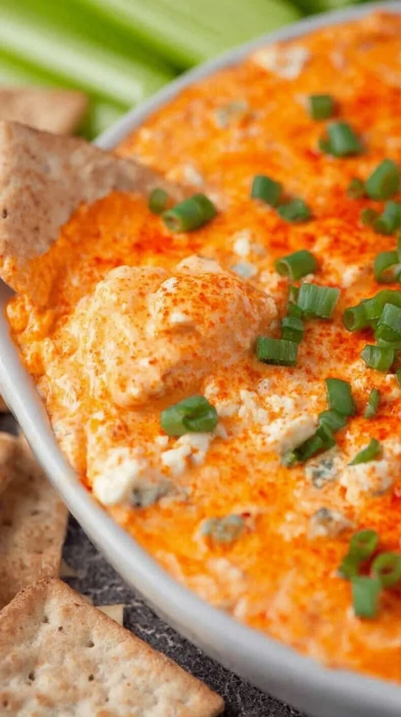 A warm dish of bubbly buffalo chicken dip topped with green onions and melted cheese.