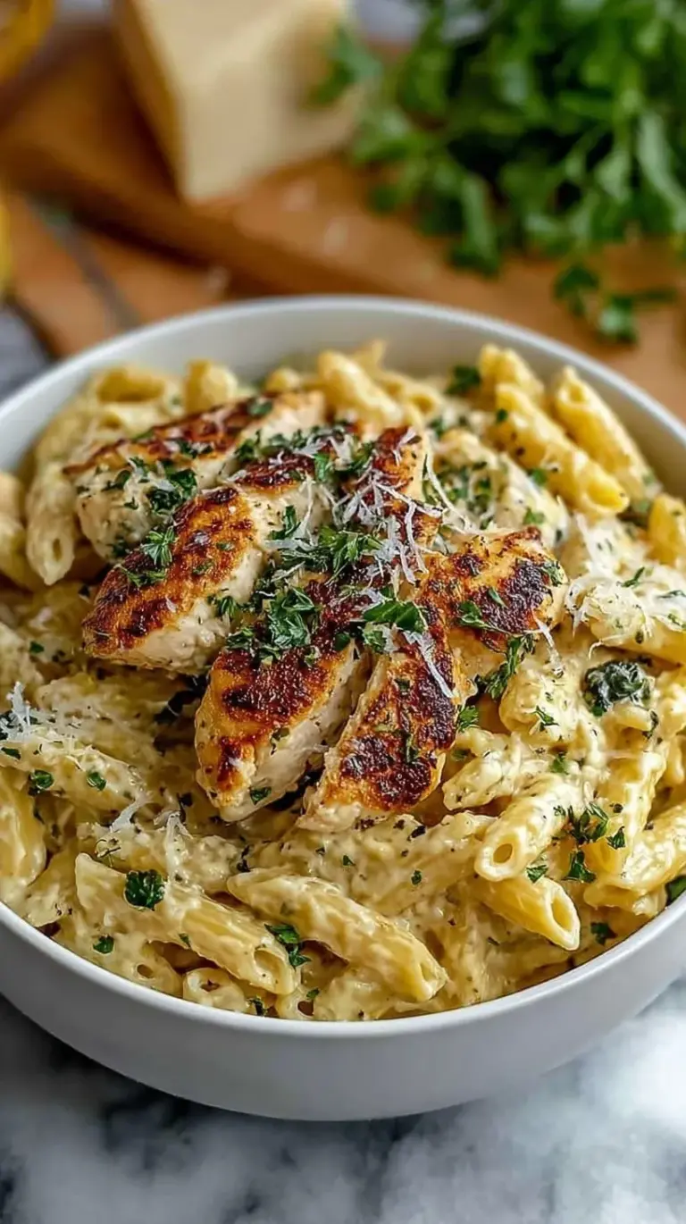 A bowl of creamy garlic parmesan chicken pasta with fresh spinach and parsley