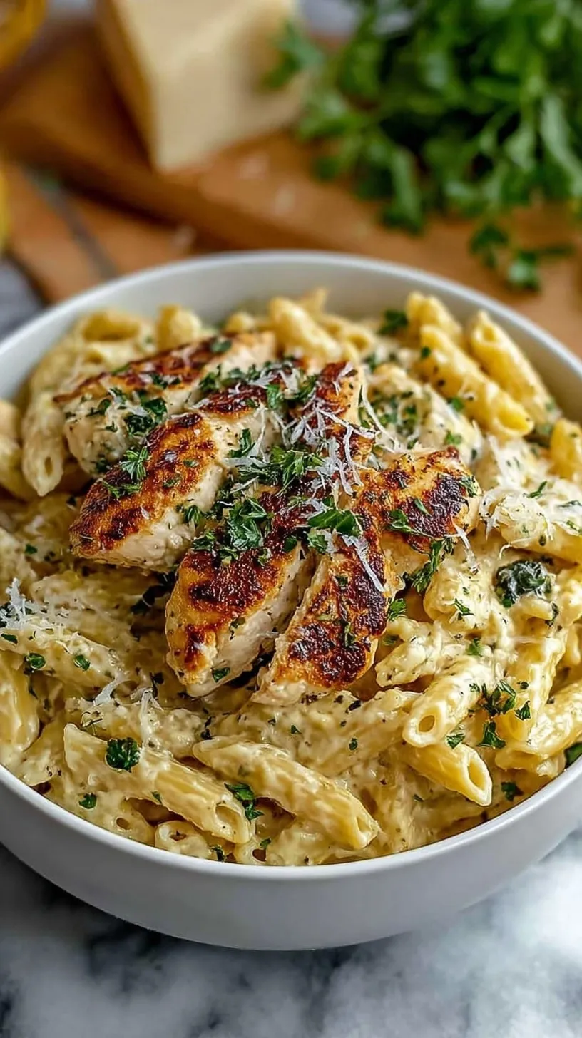 A bowl of creamy garlic parmesan chicken pasta with fresh spinach and parsley