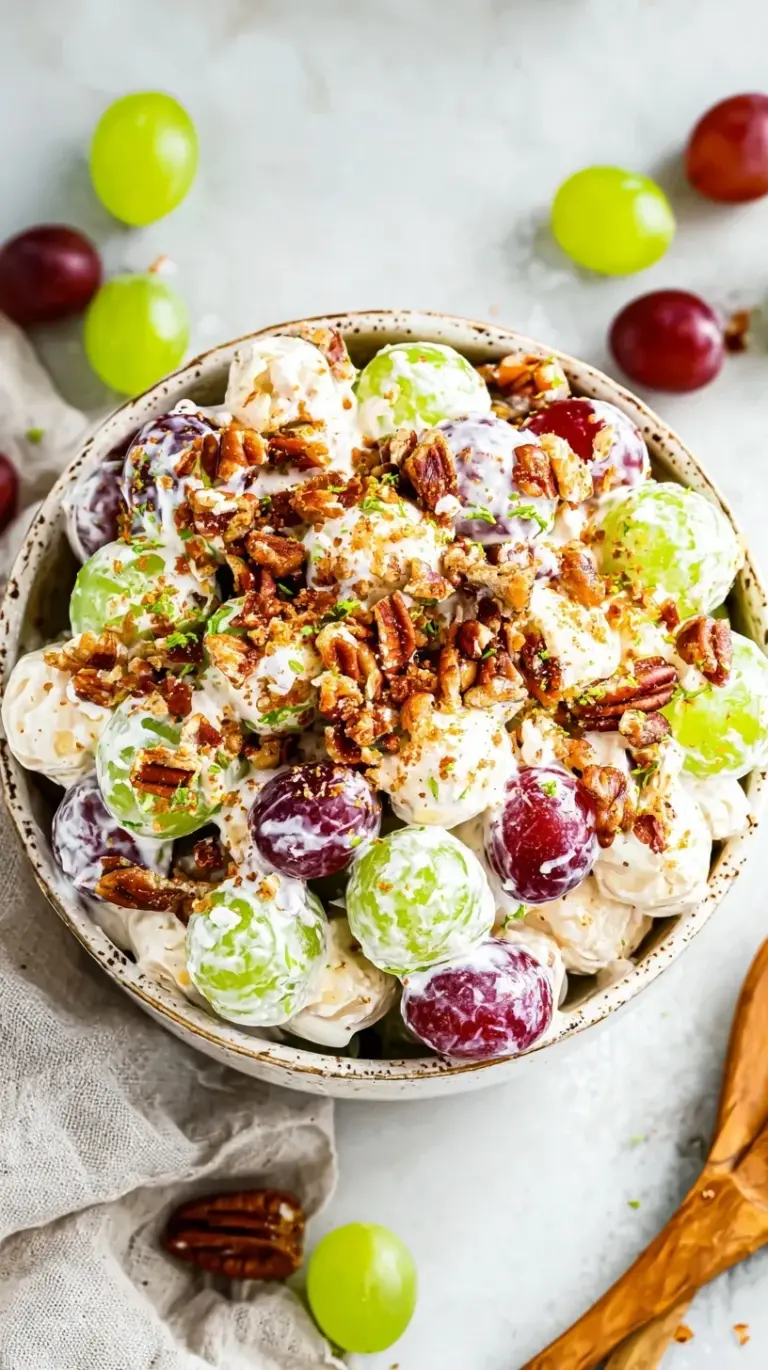 A large bowl of red and green grapes coated in a creamy Greek yogurt dressing with chopped walnuts.