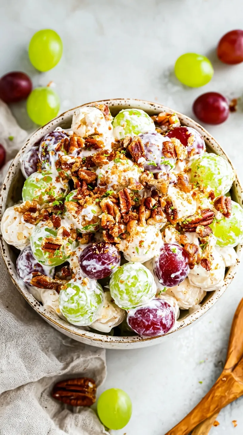 A large bowl of red and green grapes coated in a creamy Greek yogurt dressing with chopped walnuts.