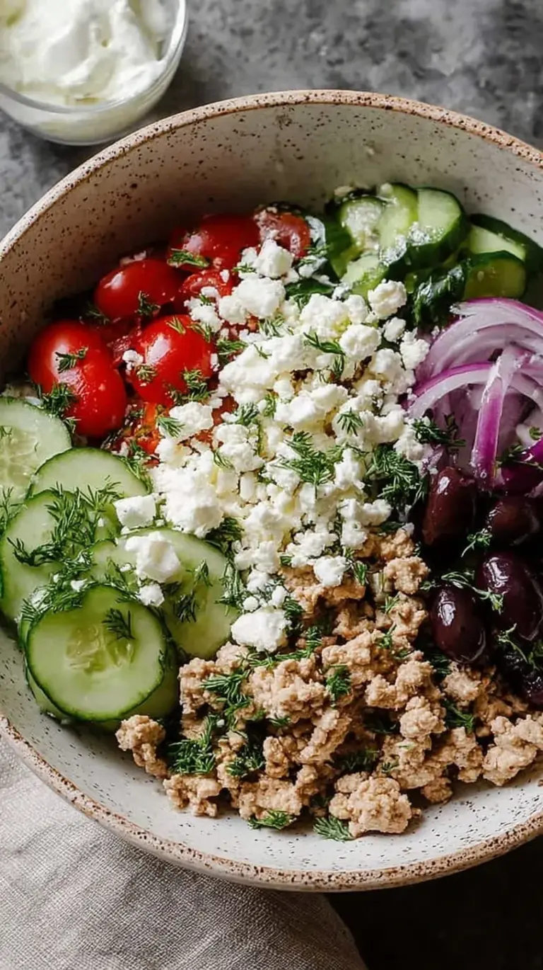 A colorful Mediterranean bowl with seasoned ground chicken, fresh cucumbers, tomatoes, and creamy tzatziki sauce over white rice.
