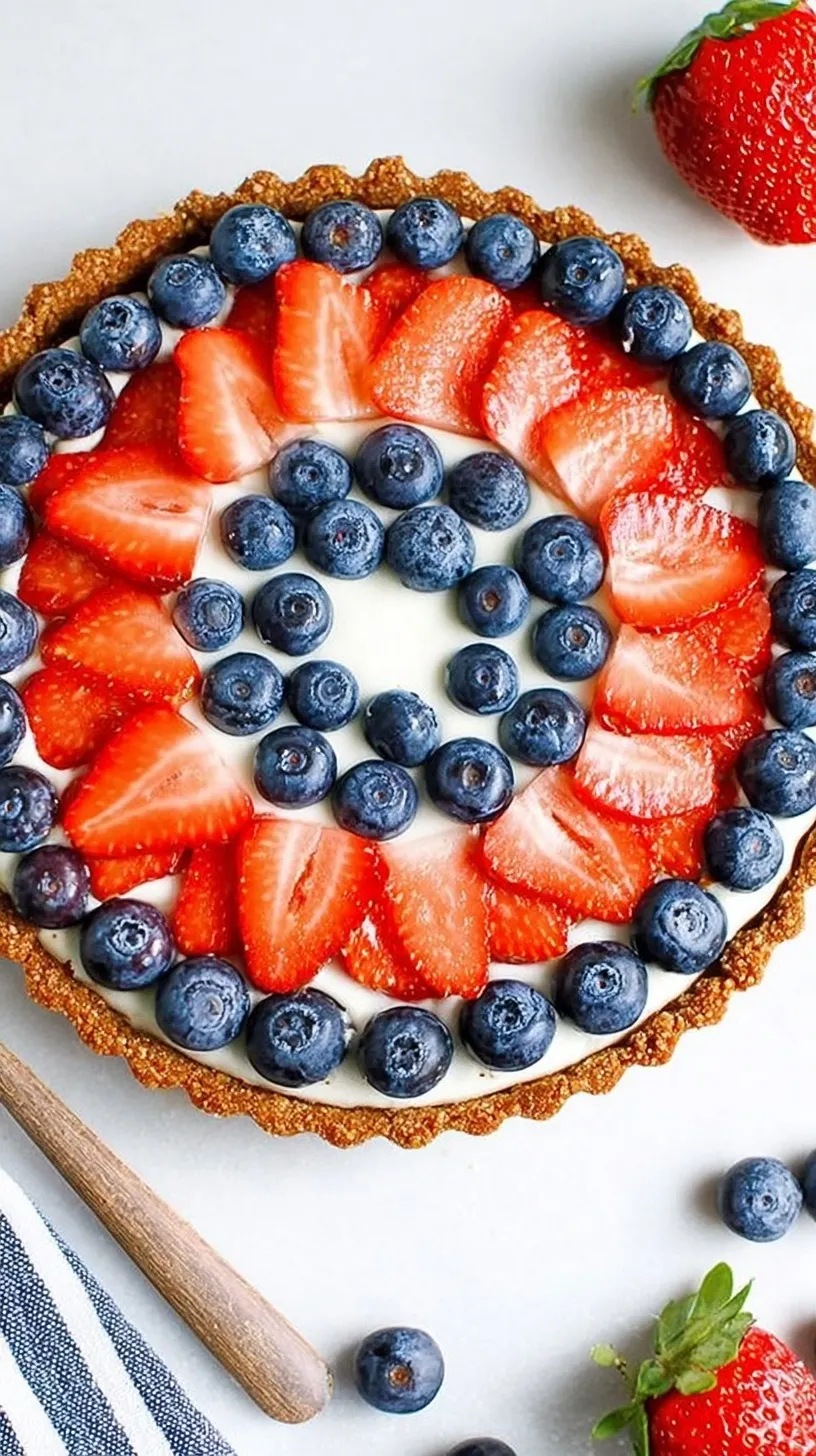 A vibrant healthy Greek yogurt berry tart topped with fresh strawberries and blueberries on a toasted oat crust.