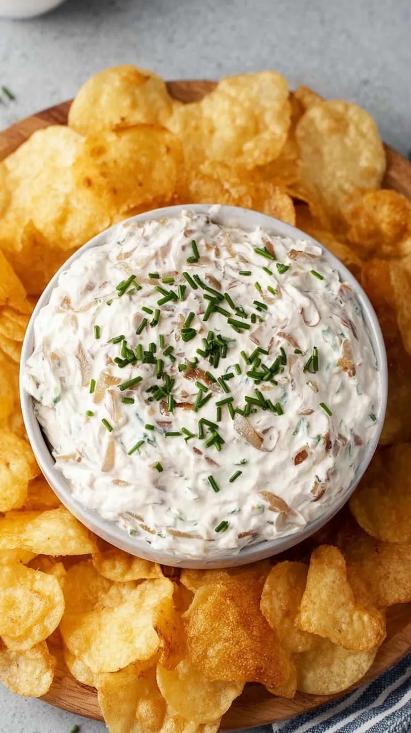 A bowl of creamy Greek yogurt onion dip topped with fresh chives and served with vegetable sticks.